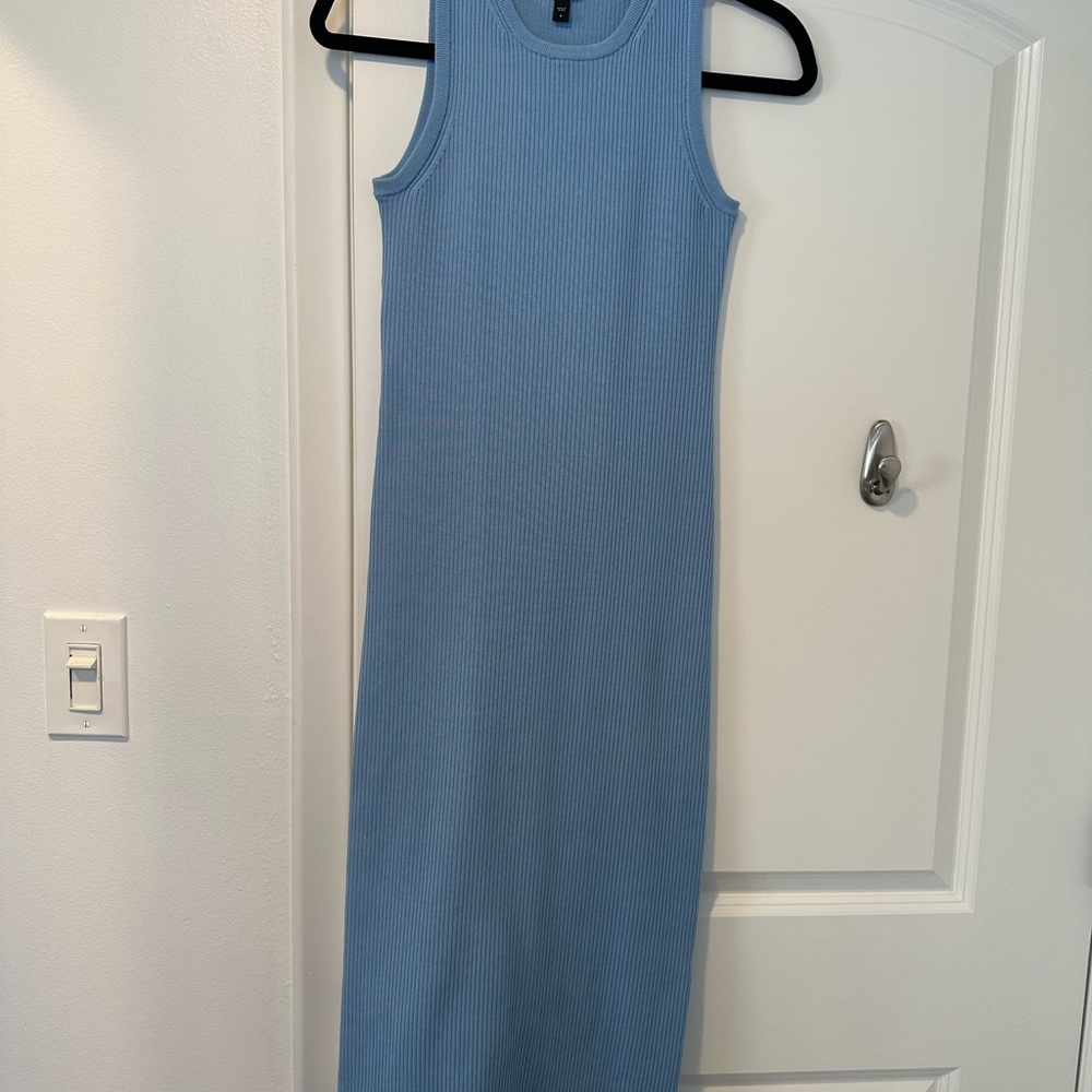 Express Blue Midi Sheath Dress with Halter Neckline